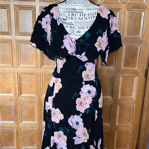 Floral Asymmetrical Black and Pink midi Dress Size XL
